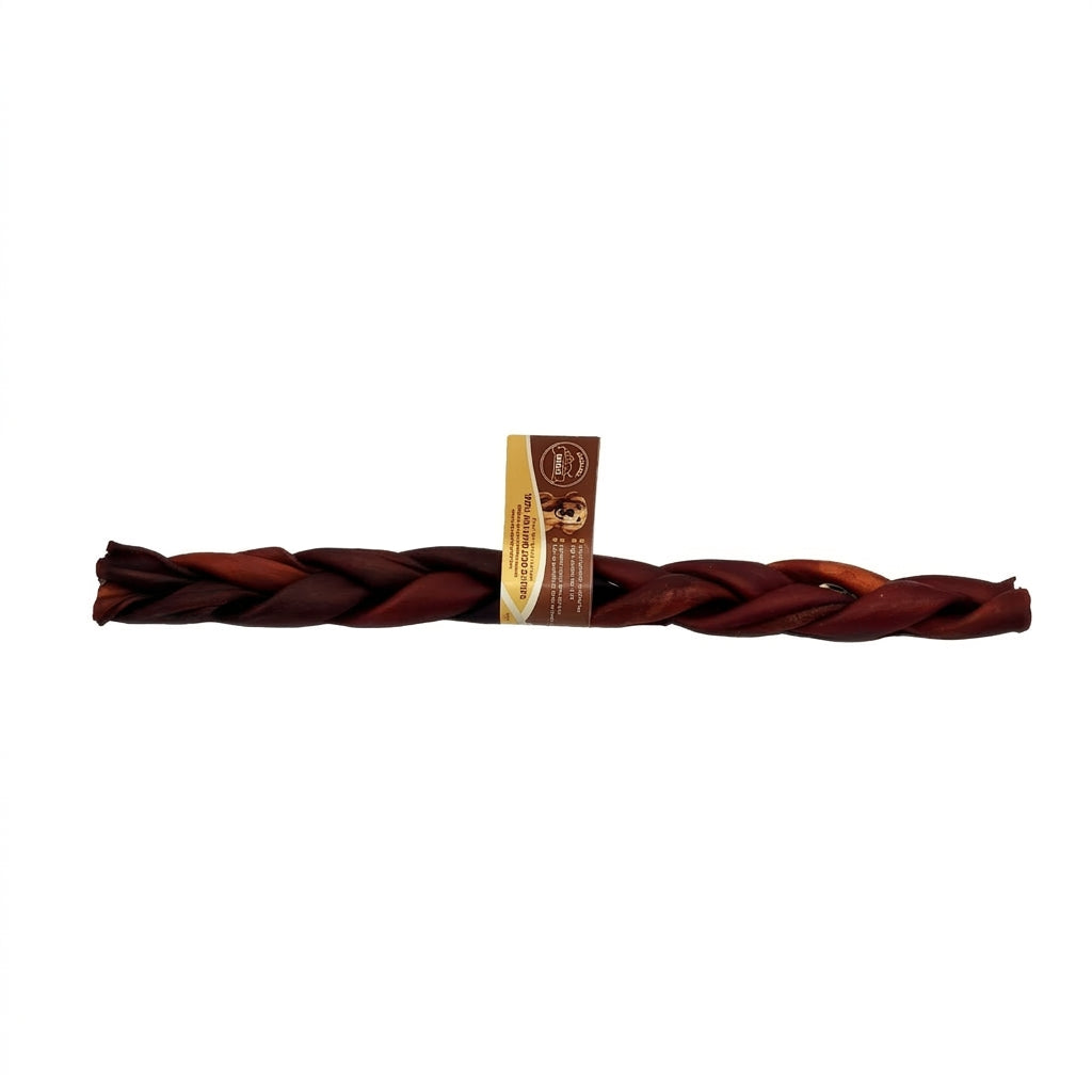 12 inch beef collagen braided stick available at Munchie bones